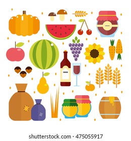 harvest time, fruit vegetables preparations for the winter. flat vector set. autumn. used to design flyer, Web sites, business cards