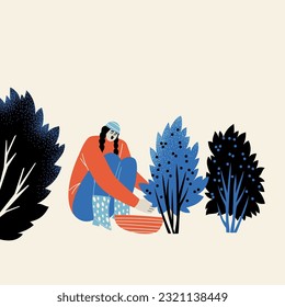Harvest time. The girl collects berries from the bush. Flat style illustration