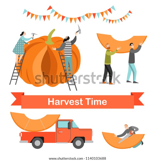 Harvest time. Happy people share a\
huge ripe pumpkin. Vector illustration on a white\
background