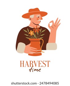 Harvest Time. Old man in hat with jug full of flowers, plants show OK gesture of hands. Vector illustration of grandfather character. Gardener, farmer concept. Happy retirement.	