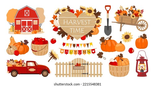 Harvest time on the farm set - pumpkins, sunflowers, apples, fence, barn, car, vintage lantern. Illustrated vector element.