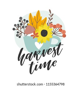 Harvest Time Vector Card. Fall illustration with hand lettered quote 