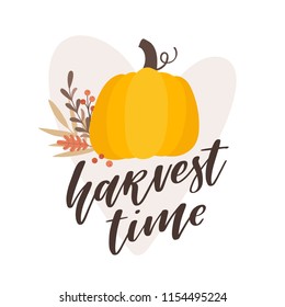 Harvest time. Vector fall card with a pumpkin  