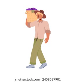 Harvest time. Vector illustration of a cheerful farmer carrying a basket full of ripe grapes, dressed in casual work attire.