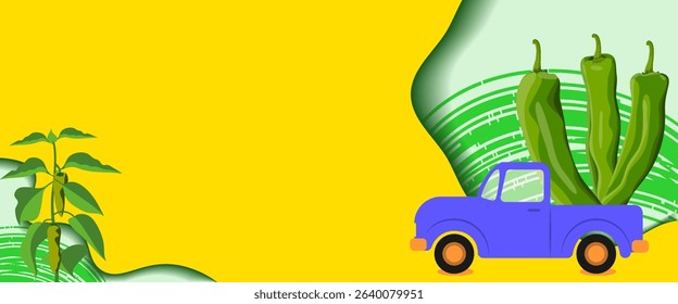 Harvest truck loaded with Anaheim pepper or California pepper or Magdalena pepper. Harvest season. Rectangular banner. Isolated vector illustration.