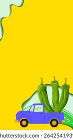 Harvest truck loaded with Anaheim pepper or California pepper or Magdalena pepper. Harvest season. Vertical banner. Isolated vector illustration.