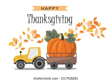 Harvest Truck with Pumpkin. Thanksgiving greeting card. Vector Illustration