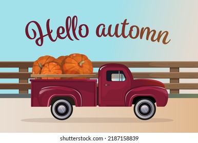 Harvest Truck with Pumpkins. Autumn banner. Pumpkin Truck, Autumn Harvest Truck,Thanksgiving arrangement, Pick Up Car, Vintage Car.