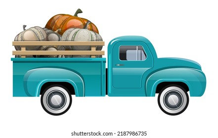 Harvest Truck with Pumpkins. Autumn banner. Pumpkin Truck, Autumn Harvest Truck,Thanksgiving arrangement, Pick Up Car, Vintage Car. Old truck with a pumpkin harvest in the trunk