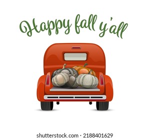 Harvest Truck with pumpkins. October print. Autumn decorative lettering, typography. Red car with squashes.