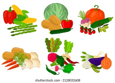 Harvest vegetable compositions in flat style isolated on white background. 