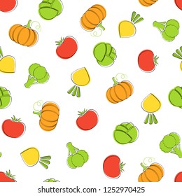 Harvest vegetable seamless pattern vector flat illustration. Natural colors food pattern design with pumpkin, tomato and broccoli, cabbage and turnip vegetable seamless texture for healthy diet decor