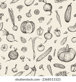 Harvest vegetables vector seamless pattern. Hand drawn sketch vegetables on beige background. Food background, proper nutrition.