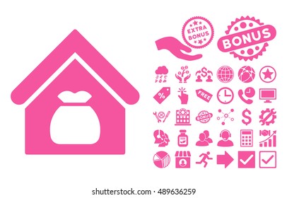 Harvest Warehouse pictograph with bonus images. Vector illustration style is flat iconic symbols, pink color, white background.