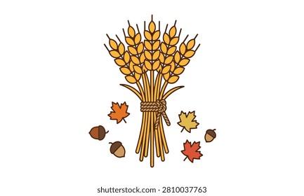 Harvest wheat bundle with acorns and fall leaves wheat ears autumn leaves