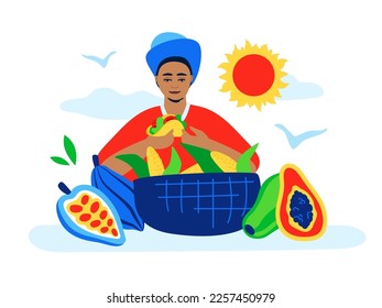 Harvest year and a happy peasant - modern colored vector illustration on white background with a man in a poncho and a straw hat eats tacos next to a basket full of corn cobs. Harvest year idea