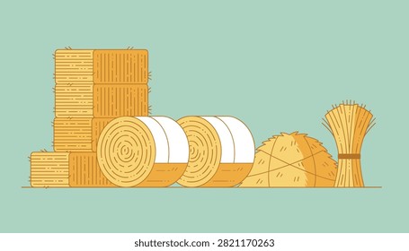 Harvested hay collection featuring rectangular bales, round straw rolls, haystack, and sheaf on light green background.
