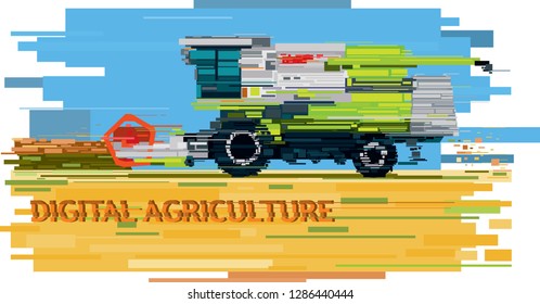 Harvester abstract sihouette in the field, side view. Digital Agriculture concept, new technologies in agribusiness. illustration in Glitch style techique. Vector