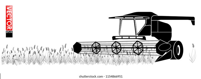 Harvester collecting grain in the field. A simple black outline. For an article on agriculture. Copy space.