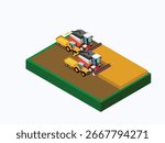 Harvester Combines Working on a Grain Field 3d flat vector illustrations