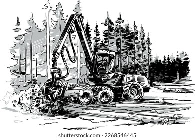 Harvester Felling Trees in the Forest