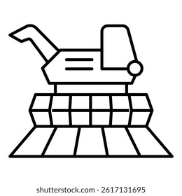Harvester in field thin line icon, wheat production concept. Vector graphics. Wheat grain crop vehicle sign on white background, linear style for mobile or design