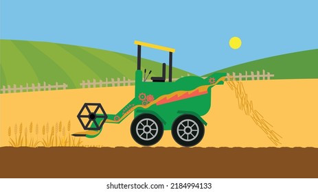 Harvester harvesting wheat in a field on a sunny day