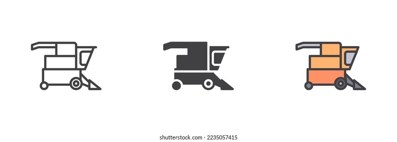 Conjunto de iconos de estilo diferente de la máquina de cosecha. Línea, glifo y contorno relleno versión colorida, contorno y signo vectorial relleno. Símbolo, ilustración del logotipo. Gráficos vectoriales