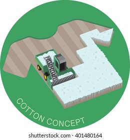 Harvester machine working in the cotton field. T-shirt original design. Cotton cultivation and processing. Agriculture and textile industry concept. Vector illustration, isometric style