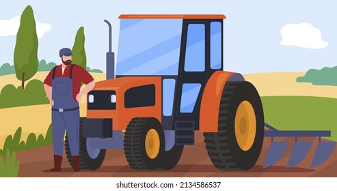 Harvesting and agricultural crop male farmer with plow tractor on field vector flat illustration. Agriculture industry machinery farmland harvest work. Organic farming occupation rural equipment