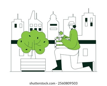 Harvesting apples grown and cared for by herself on the rooftop of a young woman's house, urban farming vector illustration.