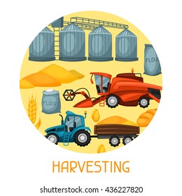 Harvesting background. Combine harvester, tractor and granary. Agricultural illustration farm rural landscape.