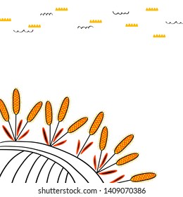 Harvesting background. Hand drawn wheat on the field. Wheat folk cartoon childish style. Agriculture, farming, field, vegetable garden. Ukrainian village folk style