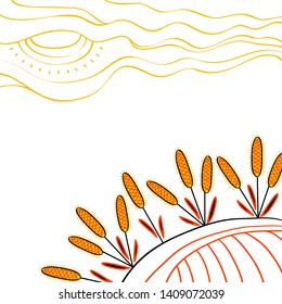 Harvesting background. Hand drawn wheat on the field. Wheat folk cartoon childish style. Agriculture, farming, field, vegetable garden. Ukrainian village folk style