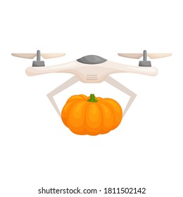 Harvesting concept. The drone collects and delivers crops. The copter flies with a pumpkin. Vector illustration in cartoon style. Harvest.