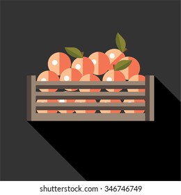 Harvesting concept. Wooden crate with peaches. Flat style vector illustration.