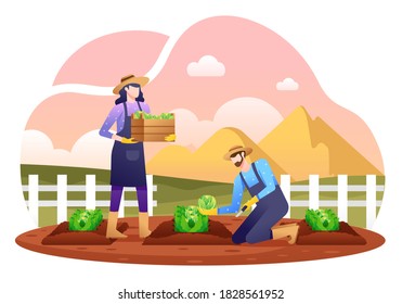 Harvesting Crops Illustration, Happy Farmers Gather their Crops to One Container.