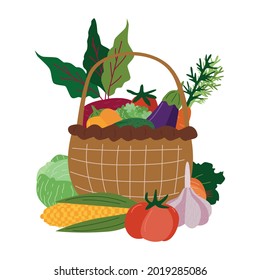 Harvesting. Different vegetables in the basket. Vector illustration drawn by hand in a cartoon style.