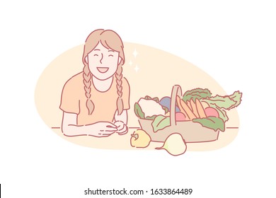 Harvesting, eco vegan food concept. Happy girl sits near basket of vegetarian food. Basket of vegetables was brought by child from harvesting. Kid likes healthy nutrition. Simple flat vector