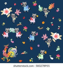 Harvesting. Fairy tale endless pattern with cute cartoon characters. Poultry, raccoons and little birds. Print for fabric. Vector illustration for baby.