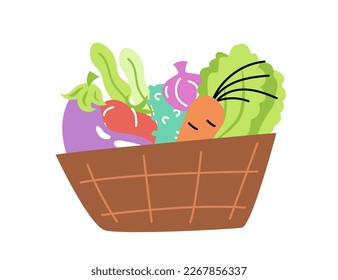 Harvesting at farm. Sticker with wicker basket or box full of fresh vegetables. Picking crops in autumn season. Agriculture and horticulture. Cartoon flat vector illustration isolated on white