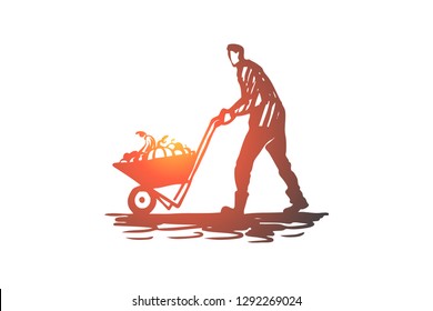 Harvesting, farmer, autumn, rural concept. Hand drawn farmer with harvest cart concept sketch. Isolated vector illustration.