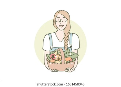 Harvesting, farmer, eco vegan food concept. Happy woman holds basket of vegetarian food. Basket of vegetables was brought by girl from harvesting. Farmer likes healthy nutrition. Simple flat vector