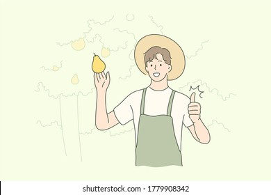 Harvesting, farming, agriculture, nature concept. Old man farmer agricultural worker character holding fruit pear showing like sign. Rural countryside lifestyle and natural food gathering illustration