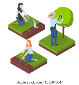 Harvesting and Farming. Gardening and agriculture. Flat gardener character. Work and Hobby. Watering, seeding and cutting trees.