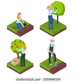 Harvesting and Farming. Gardening and agriculture. Flat isometric gardener character. Work and Hobby. Harvesting, seeding, picking fruits and cutting trees vector illustration