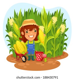 Harvesting Female Farmer In a Cornfield. In the EPS file, each element is grouped separately.