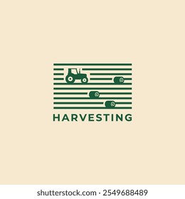 Harvesting field logo with hay bale rolls and tractor icon vector illustration template