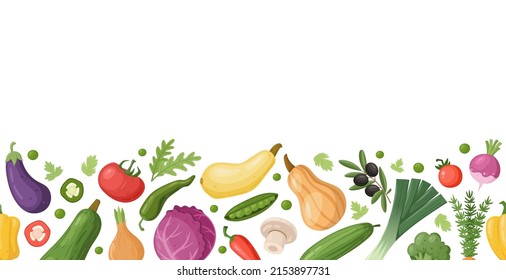 Harvesting fresh vegetables border, garden organic seasonal greens and veggies banner. Healthy food, summer season vegetables vector background illustration. Natural farm food seamless pattern