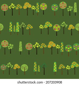 Harvesting Fruits trees. Texture with various apple, orange and pear trees in the garden. Autumn season illustration with Fruit trees in Harvest time. Seamless vector pattern.